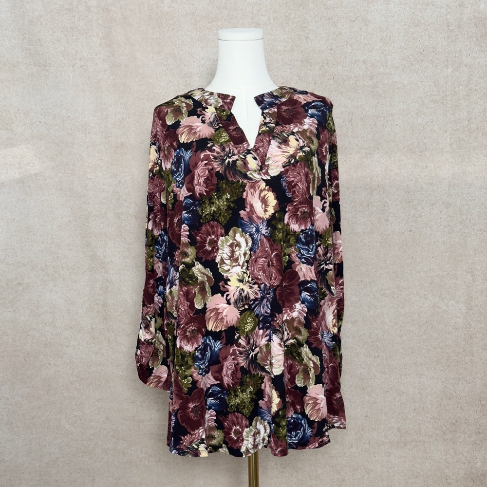 Dear Scarlett Rich & Romantic Tunic Deep Burgundy Base Layered Blooms in Blush
